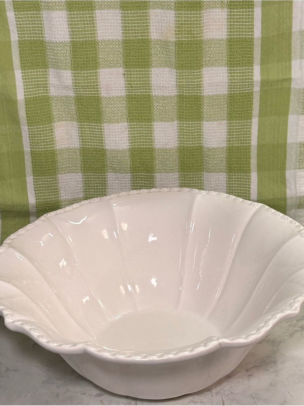 Ceramica Made in Portugal White Scalloped Serving Bowl Beaded Rim Large 12 Inch